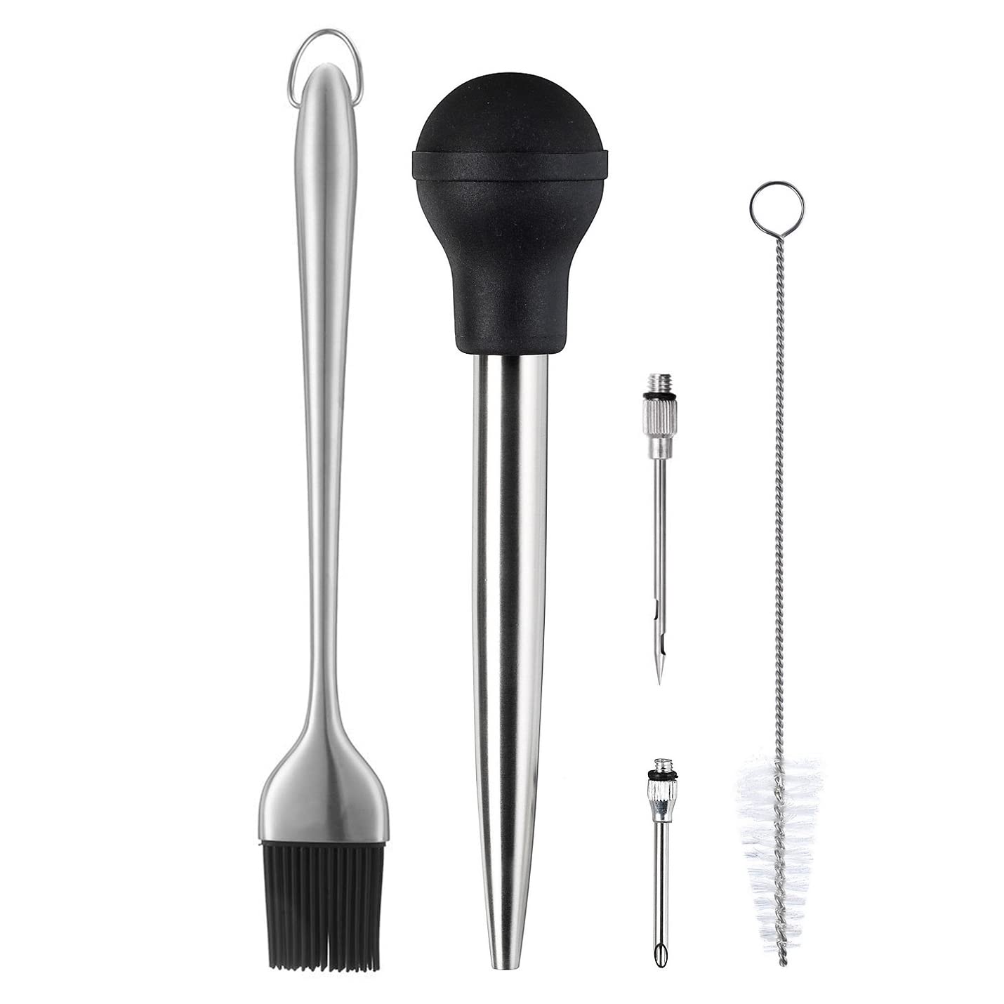 Kaycrown Stainless Steel Turkey Baster with BBQ/Grill Basting Brush, Commercial Grade Quality Rubber Bulb Including 2 Flavor Needles and Cleaning Brush for Easy Clean Up