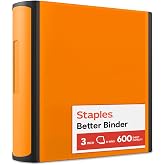 Staples 3 Inch D-Ring Heavy-Duty View Binder, Orange, 600 Sheets | Reinforced 3-ring construction for school and office document storage.