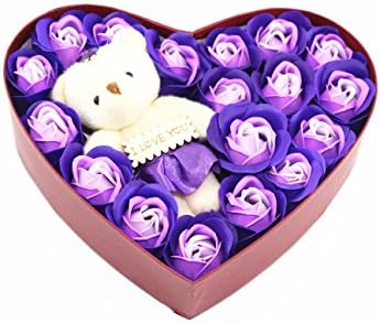 Christmas Gift，18Pcs Scented Bath Soap Rose Flower Petal in Heart Shape Box With Little Bear and I Love You for Wedding Party Gift (Purple)