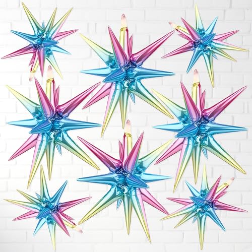 Party Dragon 8pcs 14-Pointed One-Piece Exploding Star Large Foil Mylar Balloons, Point Star Balloons, Cone Balloons, Great for Birthdays, Baby Showers, Wedding and Anniversary Parties, Rainbow