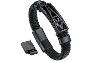 Bandmax Mens Black Leather Braided Wristband with Pendant Gothic Punk Leather Cuff Charm Bracelet Wristband with Stainless Steel Buckle -Gift Packed