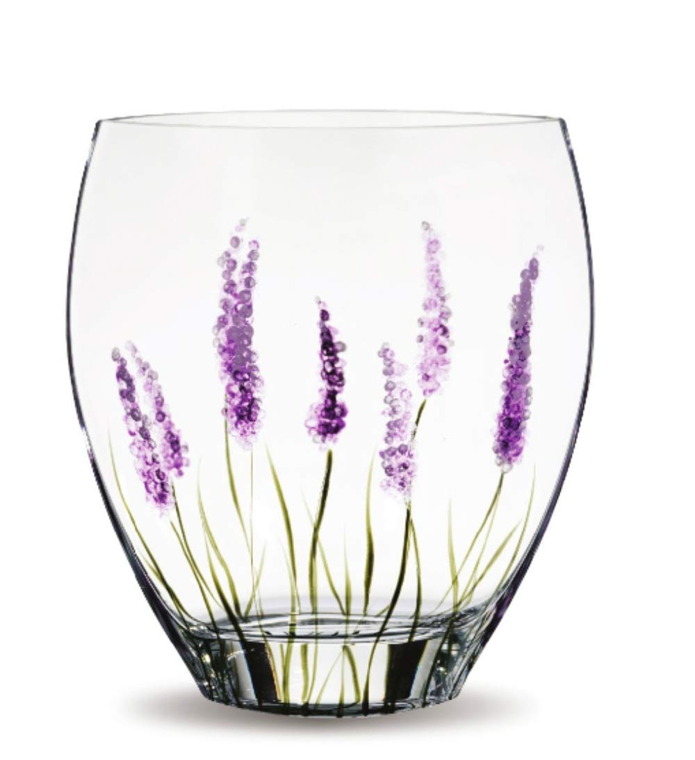 Quality PURPLE LAVENDER Design Classic Curved Glass Flower Vase - Mouth Blown/Hand Decorated Glass - Ideal Birthday/House Warming / 3rd Wedding 21.5cm