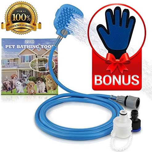 NYO Pet Shower Sprayer: All-In-One Strap-on Handheld Pet Bathing Wash/Massage Tool for Shower, Bath Tub, or Outdoor Garden Hose Plus Pet Grooming Glove