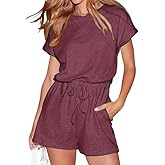 BONITEE Womens Short Sleeve Rompers 2026 Casual Dressy Summer Crewneck Jumpsuit Drawstring Beach Travel Vacation Outfits