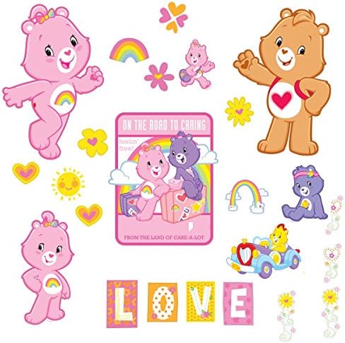 4 Piece Kids Girls Pink Purple Yellow Care Bears Wall Decals Set, Cartoon Themed Wall Stickers Peel Stick, Cute Animals Animated Flowers Rainbow Floral Car Hearts Decorative Graphic Mural Art, Vinyl