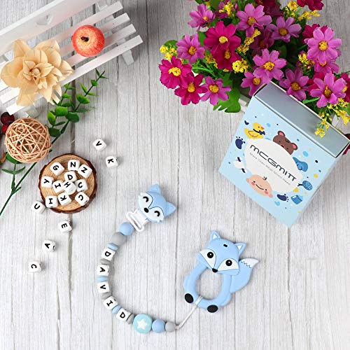 Pacifier Clip Personalized Name with Fox Teether, MCGMITT Customized Binky Holder Teething Silicone Beads for Baby Boys (Blue) - Thumbnail 4