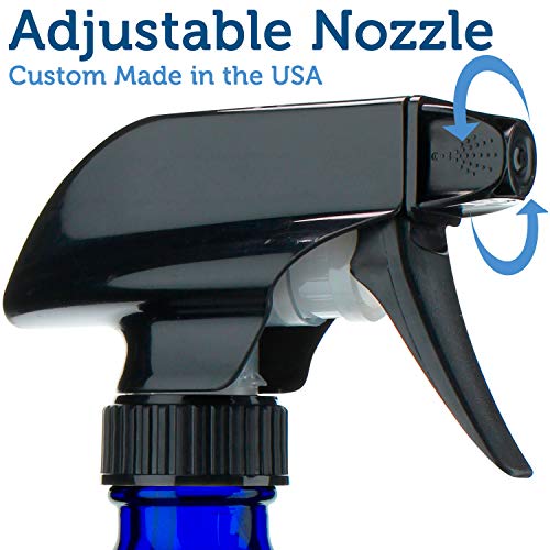 Empty Blue Glass Spray Bottles (2 Pack) - BPA Free, Lead Free - Large 16 oz Refillable Bottle for Plants, Pets, Essential Oils, Cleaning Products - Black Trigger Sprayer w/Mist and Stream Settings