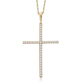 Gem Stone King 10K Yellow Gold White Lab Grown Diamond Cross Crucifix Pendant Necklace For Women (0.14 Cttw, G-H Color, 36 Diamonds, 1 1/4 inch, Comes with 18 Inch Chain)