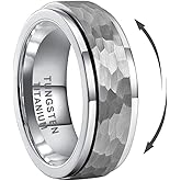 TUTISS 8mm Silver/Black/Gold Spinner Tungsten Titanium Fidget Rings for Men Women Anxiety Released Hammered Design Engagement Wedding Band Stepped Edges Comfort Fit