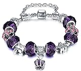 Elegant Silver European Charm Bracelet Purple Murano Glass Beads Bracelets (7.8inch/20cm) DB0009P-20