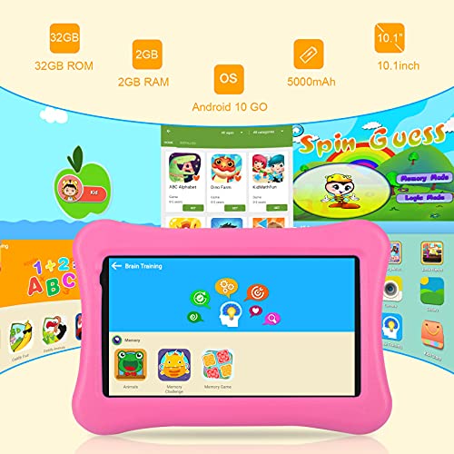 Kids Tablet, 10 inch Android Tablet PC for Kids, 2GB RAM 32GB ROM, iWawa Pre-Installed, Parental Control, WiFi, Bluetooth, Dual Camera, Educational, Games, Tablet with Stylus Pen/Shockproof Case-Pink