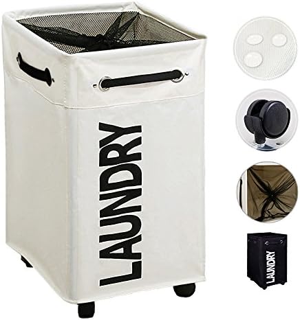 AcmeSoy Rolling Laundry Hamper with wheels [24"][Upgrade Version: Handles on all sides][Waterproof and Collapsible], Large Wheeled Clothes Basket, Beige