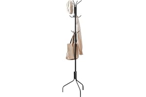 Furshus Coat Rack Freestanding,hat and coat rack stand for entryway,Living Room,Bedroom,Metal coat tree with12 Hooks and 3 Legs (Black)