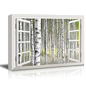 Canvas Print Wall Art - Window Frame Style Wall Art - Birch Trees in Bright Sunshine in Late Summer | Giclee Print Gallery Wrap Modern Home Decor. Stretched & Ready to Hang - 24" x 36"