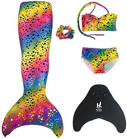 Uramermaid Childs Mermaid Tail For Swimming, Includes Monofin, Matching Bra Top, Briefs and Hair Scrunchie (4-5, Rainbow Bubbles)