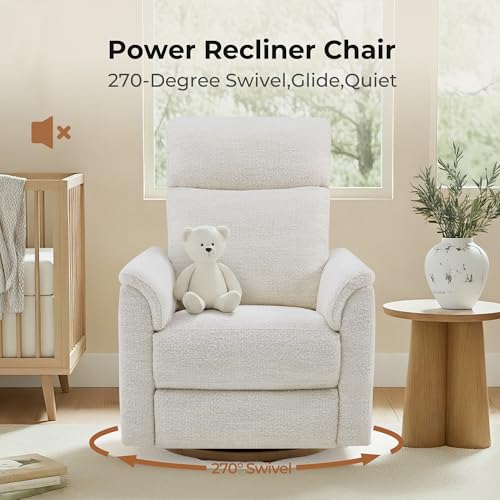 CHITA Power Swivel Glider for Adults with Nightlight, Nursery Recliner Chair with Power Headrest for Living Room, Bedroom, Water-Resistant Boucle Fabric, Boucle Fabric in Pearl | Power Headrest, Water-Resistant Fabric, Nursery Rocking Chairs for Living Room and Bedroom