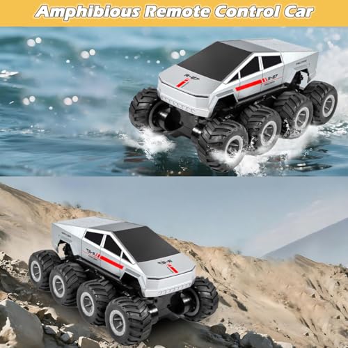Amphibious Remote Control Car, 8WD 2.4GHz 1:18 Electric Vehicle Toy Off-Road Monster Truck with 2 Batteries, Waterproof Omni-Direction High-Speed Pickup All Terrain RC Jeep Gift for Boy Girl Age 8+