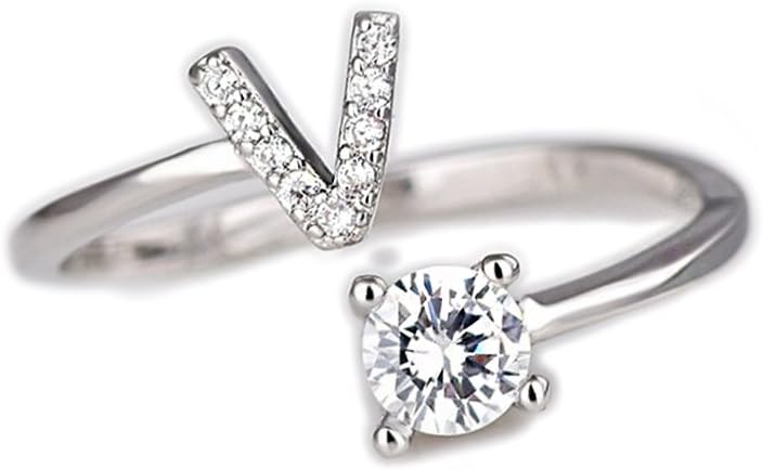 Beloved ❤️ Women's ring with crystals - solitaire with initial letter rhodium plated - adjustable size - all the alphabeth letters - from size J to R