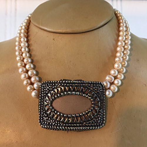 Champagne Pearl Necklace with Steel Shoe Buckle Pendant, 17 Inches Long, Sterling Silver Saber Clasp