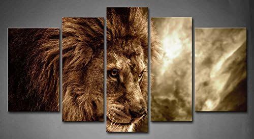 Love Girl - 5 Panel Wall Art Brown Fierce Lion Against Stormy Sky Painting The Picture Print On Canvas Animal Pictures For Home Decor Decoration Gift piece (Stretched By Wooden Frame,Ready To Hang)