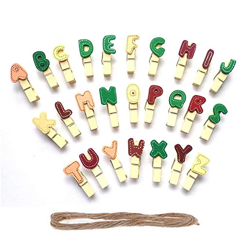 Vpang 56 Pcs Mini Natural Wooden Colorful English Letters Clothespins Photo Paper Card Peg Pin Craft Clips with Jute Twine