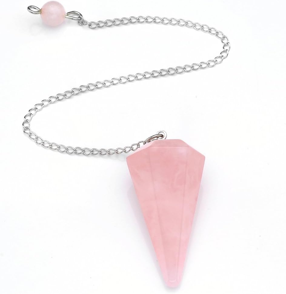 JS Direct Natural Amethyst Rose Quartz Clear Crystal Opalite Multifaceted Pointed Pendulums Reiki Healing Pendants (Natural Rose Quartz)