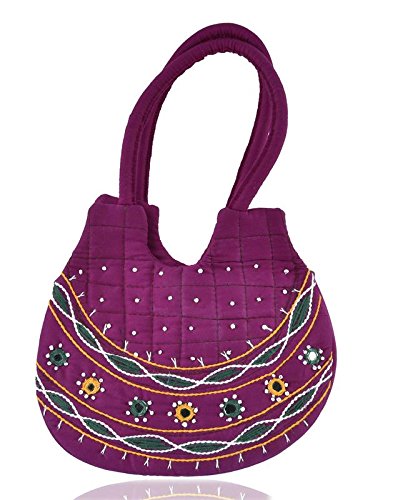 belladona small pot cut mirror work bag in rani pink