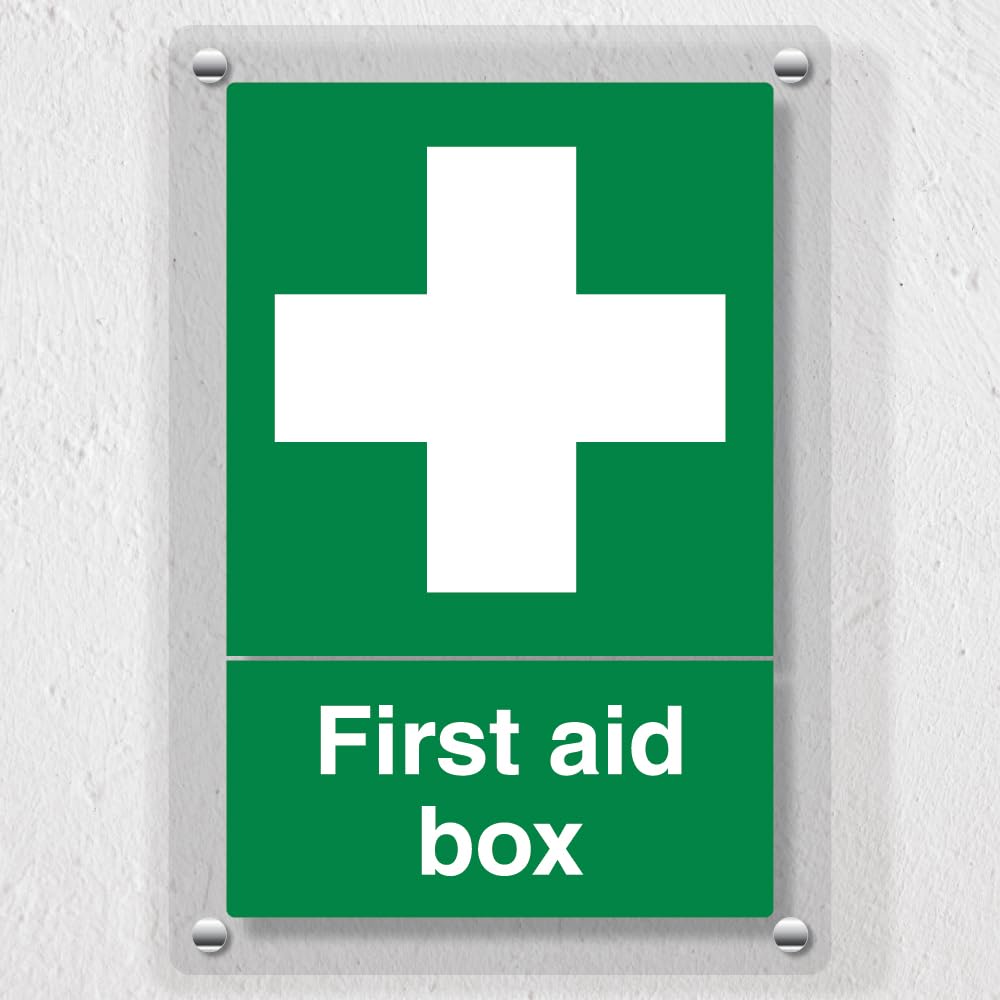 V Safety First Aid Box - Portrait - 100 x 150 mm - Acrylic Perspex Cast Clear Safety Sign
