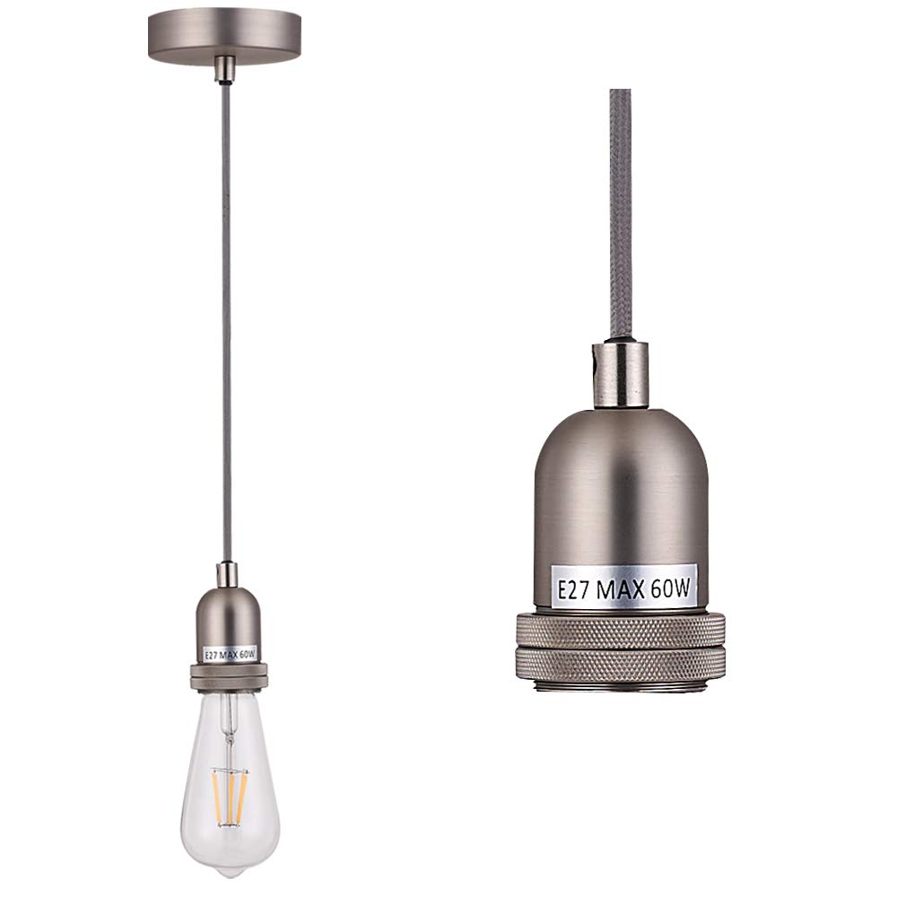 SHINY STAR Pendant Fitting Satin Nickle Ceiling Light Fitting, Vintage Metal Ceiling Rose with Braided Flex Cable and Metal E27 Lamp Holder KIT Accessary HT201SN