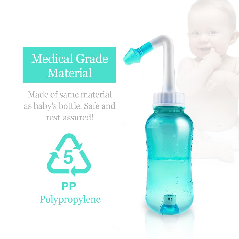 Waterpulse Neti Pot Sinus Rinsing, Nasal Wash Bottle Sinus Rinsing Bottle Cleaner Pressure Irrigation Neti-Pot with Sticker Thermometer for Adult & Kid BPA Free (Green)