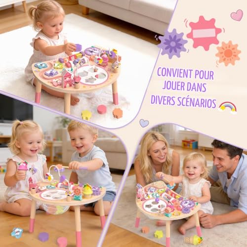 Fozcmisw Table d'Activité Montessori en Bois 10 en 1 Licorne dès 18 Mois | Manipuler, Trier, Tourner et écouter Aide la Motricité Fine Dans Les Jeux Quotidiens