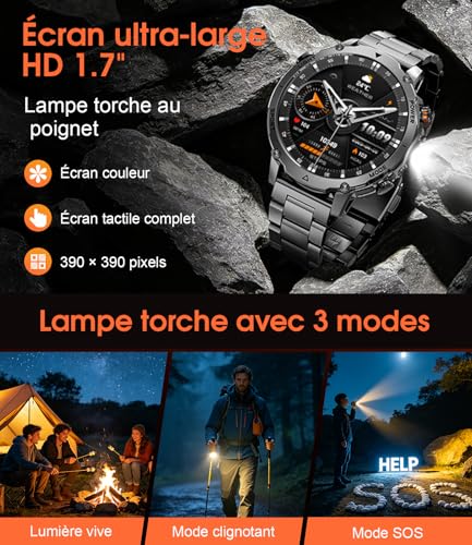 SUNKTA Men's Smart Watch 1400 mAh 20 Days Battery Life Large Battery 1.7 Inch HD Calls Bluetooth Military Smartwatch for iOS Android Heart Rate Monitor/Sleep LED Light, Grey