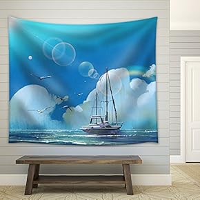 The Sailboat in The Sea Against Summer Sky with Big Clouds,Illustration Painting - Fabric Wall Tapestry Home Decor - 51x60 inches