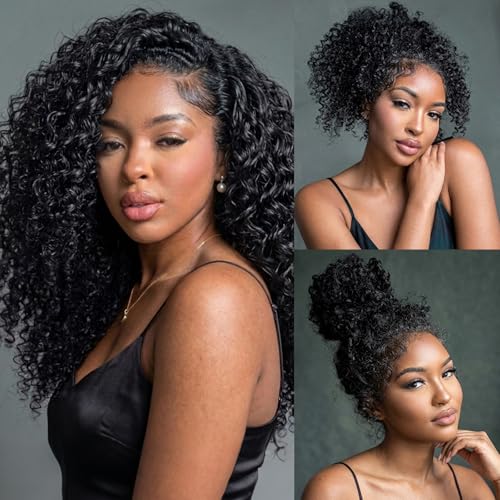 Half Wig Human Hair Deep Wave Demi Perruque sans Colle 180% Densité Perruque Cheveux Humain Perruque Bandeau Bouclée 3 In 1 Seamless Drawstring Headband Wig Couleur Naturelle (16 Pouces)
