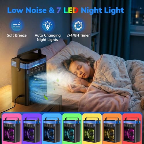 Portable Air Conditioners, Mini Air Conditioner Portable AC Unit with Remote Control, 3 Wind Speed & 3 Mist Level & 2-8H Timer & 7 LED Light Evaporative Air Cooler for Home Office Room, Black