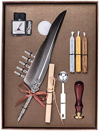 Vintage Calligraphy Feather Dip Pen Writing Ink Set Stationery Gift Box. Retro Carving Feather Pen Set,Calligraphy Pens Set, Best Holiday Gift. (Gray)