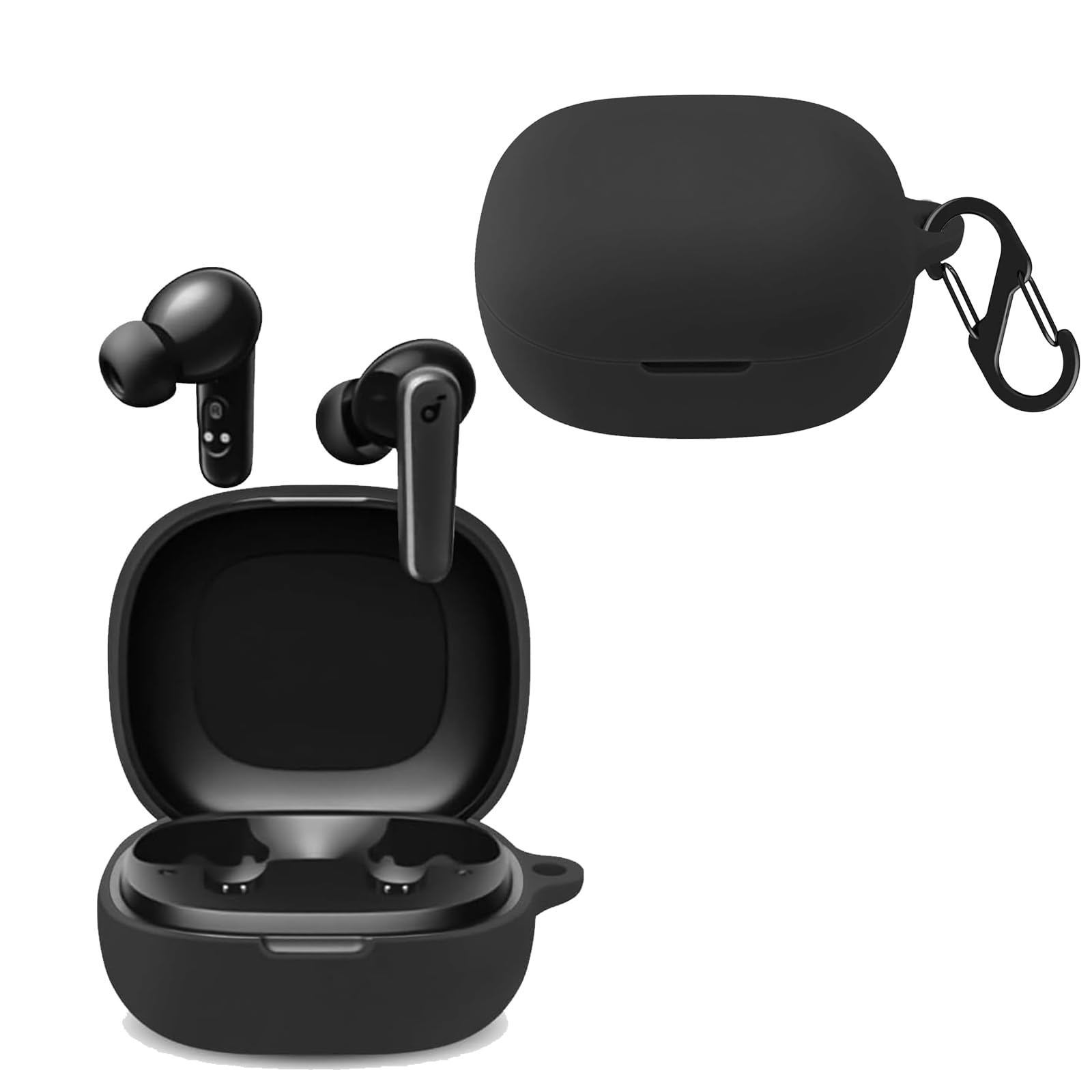 KZIOACSH Silicone Case for Anker soundcore P20i, Ultra Slim Anti-Scratch Anti-Lost Protective Earbuds Case Lightweight Washable Sumdge-Proof Earphone Skin Cover with Carabiner, Black