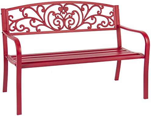 50" Patio Red Garden Love Bench Park Yard Outdoor Furniture Steel Frame