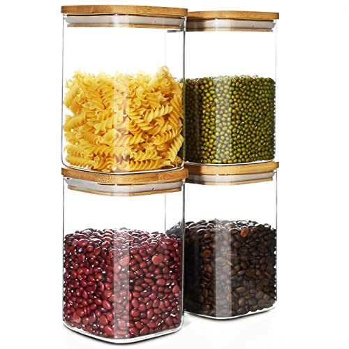 40oz Glass Food Storage Jars with Bamboo Lids, Clear Square Airtight ...