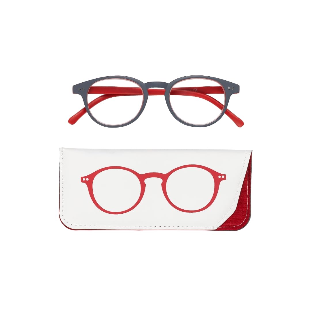 Manicare Reading Glasses For Men And Women, Comfortable Lightweight With Strong Comfort Flex Hinges, Anti-Glare Lenses, Matt Grey Rimmed Frames With Red Arms With Glasses Pouch, +1 Strength