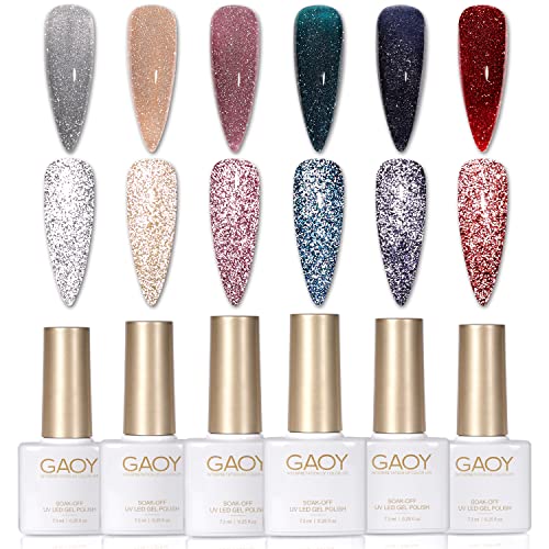 GAOY Reflective Glitter Gel Nail Polish Set of 6 Colors Including Pink