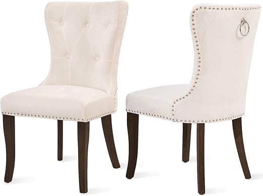 Amazon Com Dining Chairs Set Of 2 Upholstered Cream Accent Chair Button Tufted Armless Chair With Nailhead Trim And Back Ring Pull With Upgraded Size 19 7 X 19 7 X 36 4 Inches Chairs