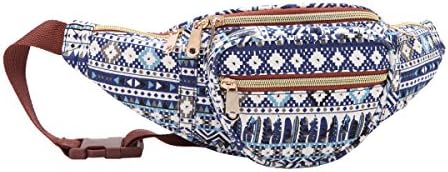 Travel Bumbags with 5 Zipped Pockets and up to 48 Inch Waist, Money Belt Bags for Holidays, Festivals and Concerts QL415M (Navy Azteca)