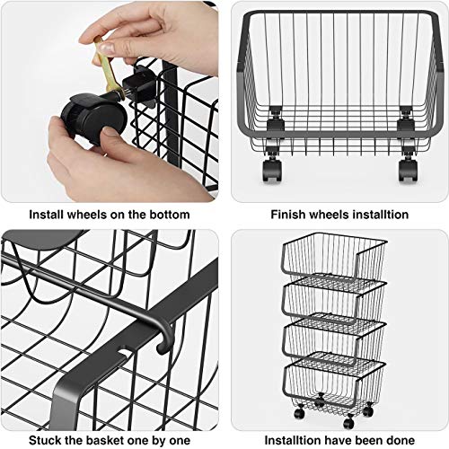 Rolling Stackable Wire Baskets, 4 Tiers Metal Utility Cart Vegetable
