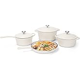 QuliMetal Nonstick Enameled Cast Iron Cookware Set, 7-Pcs Pots and Pans with Lid, Frying Pan Skillet, Sauce Pan, Healthy Round Dutch Oven Pot for Sourdough Bread Baking on All Stovetop, Cream White
