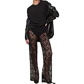 Women Sexy Lace See Through Pants Sheer Mesh Low Waist Stretchy Slim Trouser Hollow Out Skinny Leggings