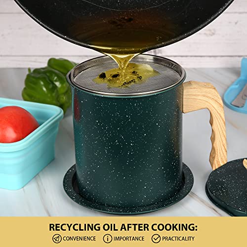 Bacon Grease Container with Strainer 1.4 L / 6 Cup Stainless Steel Kitchen Oil Can Filter with Fine Mesh Strainer, Lid and Drip Tray for Used Cooking Oil, Fat, Frying Oil (DARK GREEN)