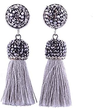 Women's Dangle Drop Short Tassel Earrings with Shell Pearl Black Rhinestone Top (LG2 with RH)