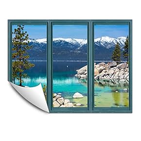 Wall Murals for Bedroom Fake Window Beach Blue Window Removable Wallpaper Peel and Stick Wall Stickers - 24x32 inches