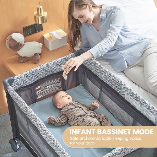 5 in 1 Multifunctional Pack and Play,Qutanix Foldable Baby Crib with Bassinets,Changing Table,Newborn Napper with Canopy,Diaper Stacker,Baby Playpen for Babies and Toddlers